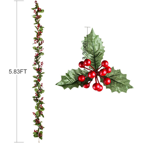 6FT Rød Bær Julekrans, Fleksibel Kunstig Bærkrans for Innendørs