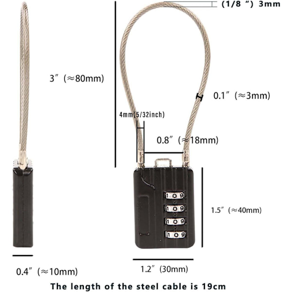® Kompakt design bordkombination hængelås 4 cifre, 30mm 1-3/16\" bredde krop, ekstra lang 16cm kabel lås til kuffert, rejse, fitness låse,