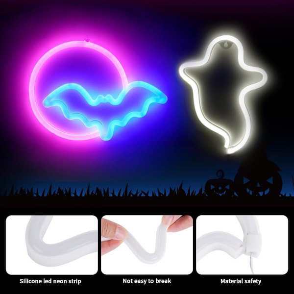 2-pack Halloween Neon Skyltar, Vit Spöke, Blå Fladdermus Fullmåne Neonljus Dekorationer, USB/Batteridriven Led Neon Skylt för Halloween Väggdekor,