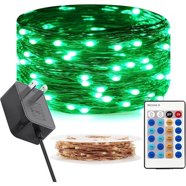 Ljusslinga med 33 fot 100 LED-lampor i koppartråd, dimbar ljusslinga med fjärrkontroll, grön grön grön