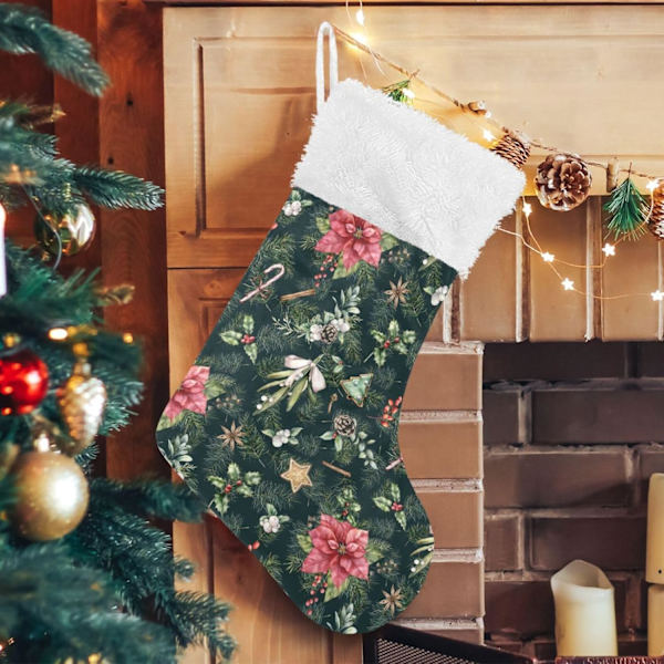 Julklapp, Personliga Julklappsstrumpor 2-pack Grön Julgran Röda Blommor 45,7 cm Julstrumpor Hängande Ornament Eldstad för B