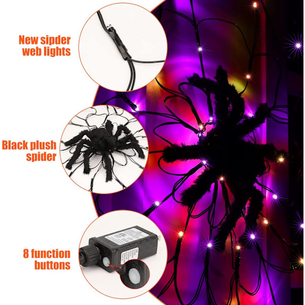 Halloween Spindelvæv Lys med Sort Edderkop, 4.26FT Diameter 84 LED Orange Lilla Web Lys med 8 Tilstande, Vandtæt med Timer Plugin