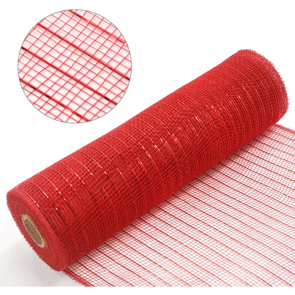 Deco Mesh 10 tommer x 10 meter Hver rulle, Metallic Foil Poly Mesh Bånd Rød og