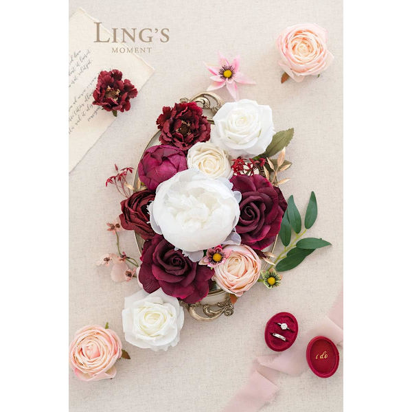 Peon Kunstige Blomster og Grønt Grand Combo Box Set, Burgunder & Hvit