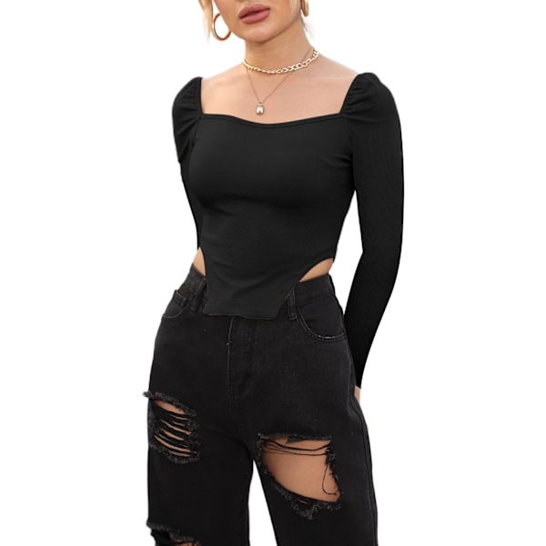 Kvinnors långärmad ribbad stickad Crop Top Scoop Neck
