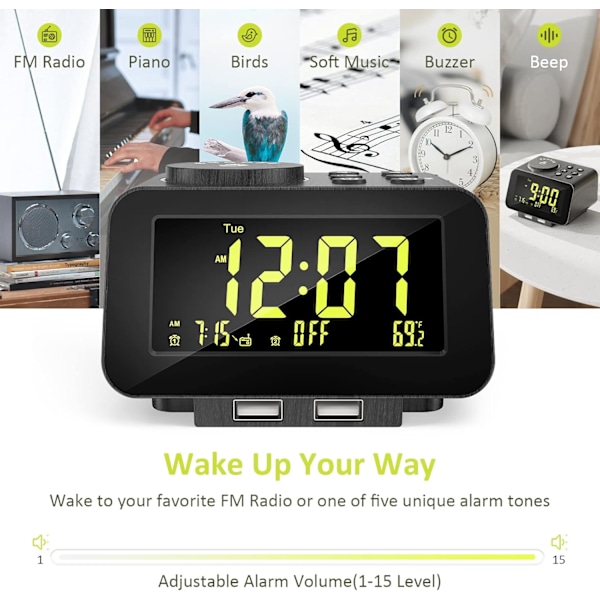 Väckarklockradio för sovrum - 000 % dimmer, 2 USB-laddare, dubbelalarm med vardags-/helgläge, FM-radio med automatisk avstängningstimer, batteribackup, trä