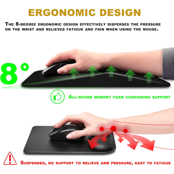 Ergonomisk musemåtte håndledsstøtte 13 X 8 tommer, sort design