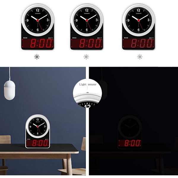 Väckarklocka, Analog klocka & LED digital klocka, Tyst klocka, Ljussensor LED klocka, Snooze, 12 timmar, Väckarklocka för sovrum, vardagsrum, Vit