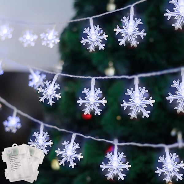 2 pakker jule-snefnuglys, 50LED 24FT udendørs juledekorative lyskæder, 8 lystilstande og timer, batteridrevet vandtæt til