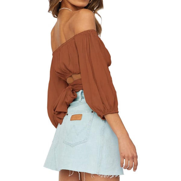 Kvinde Sexet Off Shoulder Rynket Puff Halv Ærme Slips Knude Bluse Crop Top