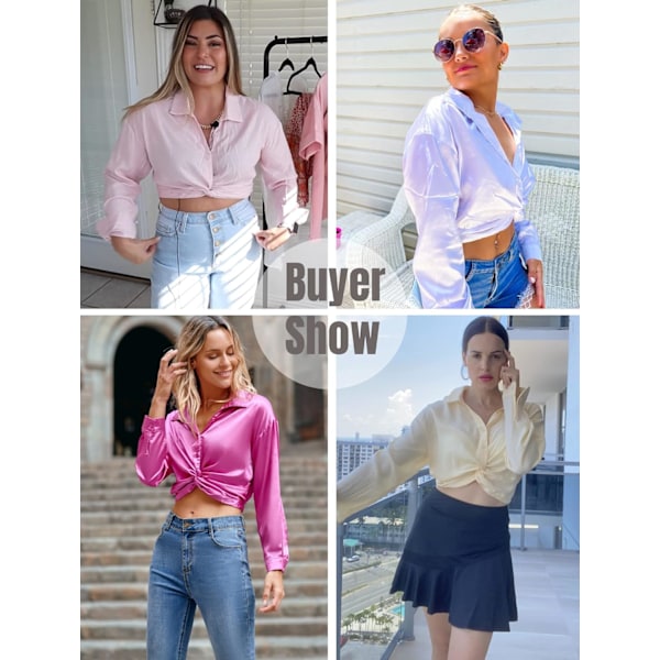 Kvinde V-hals Twist Hem Bluse Langærmet Crop Top Casual Knap Skjorter