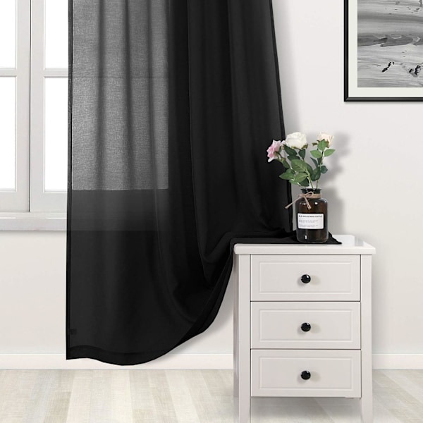 Svarta tyllgardiner, halvskira tyllstångsgardiner för sovrum och vardagsrum, 137 x 213 cm långa, set om 2