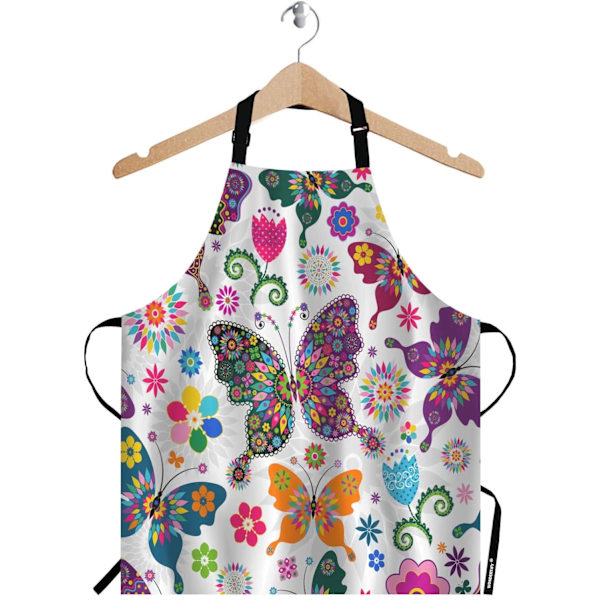 Fjärilsförkläde, vitt blommönster med färgglada fjärilar och