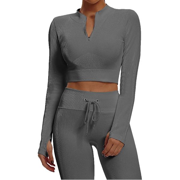 Sömlös 2-delad outfit för kvinnor Ribbad långärmad dragkedja framtill Crop Top + Hög