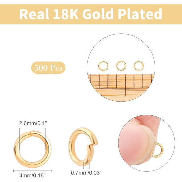 Omtrent 500 stk 4mm gullfargede åpne hoppringer, 304 rustfritt stål splittringer ekte 18K gullbelagte koblingsringer