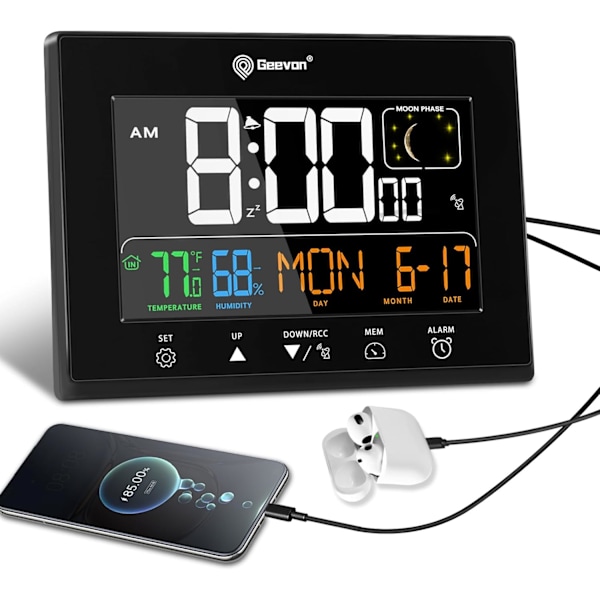 Digital Atomur för Sovrum med Batteribackup, HD Färgdisplay Atomur med Bakgrundsbelysning, 2 USB-portar, Inomhustemperatur och Luftfuktighet, Måne