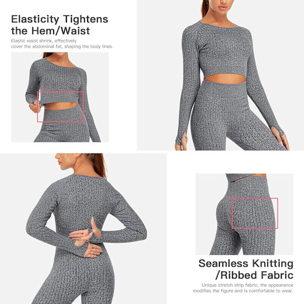 Sömlös yogasett 2 delar för kvinnor långärmad träningskläder gym crop tops