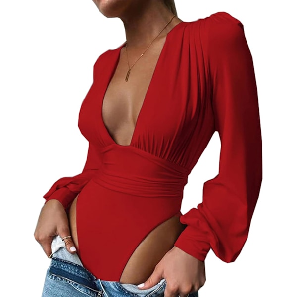 Women's Deep V Neck Tops Sexy Puff Sleeve Bodycon Jumpsuit Stretchy Bodysuit