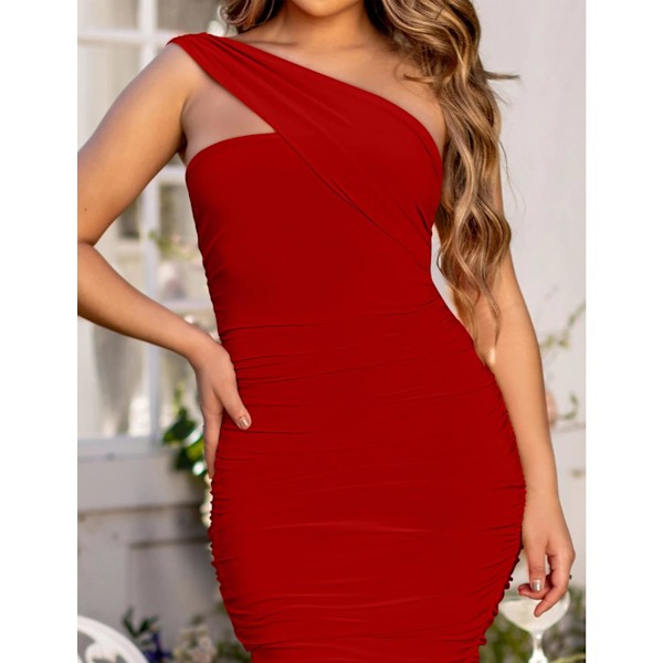 Kvinners Sexy Sommer Bodycon Solid One Shoulder Ruched Club Party Midi Kjole