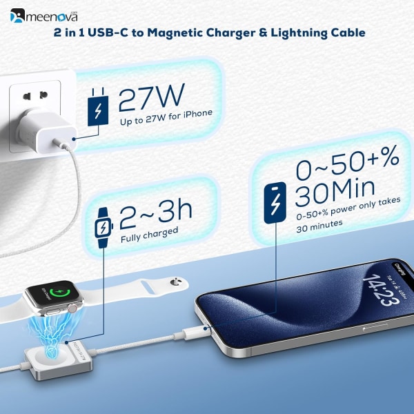 Indtrækkeligt USB C-kabel, Mini 60W USB C til USB-C PD Hurtigopladning + Apple Watch-oplader, 2 i 1 USB C til Ligh-tning Rejseopladerkabel