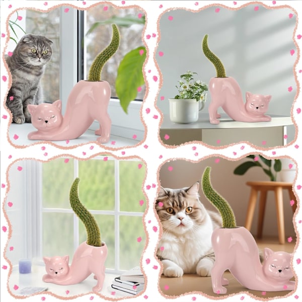 Unik katt blomsterpotte, innendørs og utendørs planteutstillinger, morsom keramikk katt blomsterpotte, kattegaver for katteelskere, nydelig kontorbord rom rosa