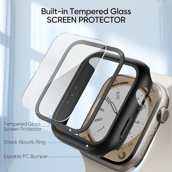 2-pak Etui Designet til Apple Watch Series 8 / Series 7 (45 mm) Slankt Etui m/Indbygget Skærmbeskytter af Hærdet Glas - Sort