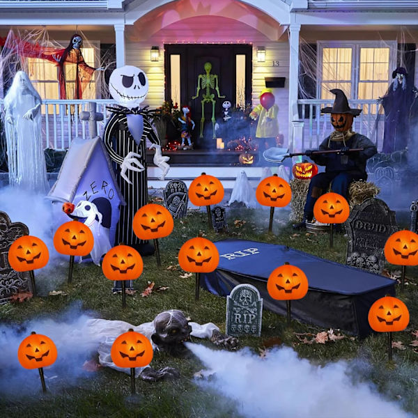 4 Pakke Halloween Gresskar Sti Lys - 7Ft Utendørs Dekorative Streng Lys med 4 Jack-O-Lantern Stake Lys for Halloween Hage, Hage,