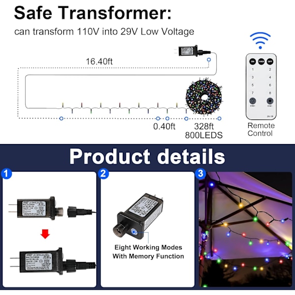 Julelys med fargeskift, 328FT 800 LED juletrærlys utendørs med 8 moduser og timer, RF fjernkontroll vanntett RGB RGB