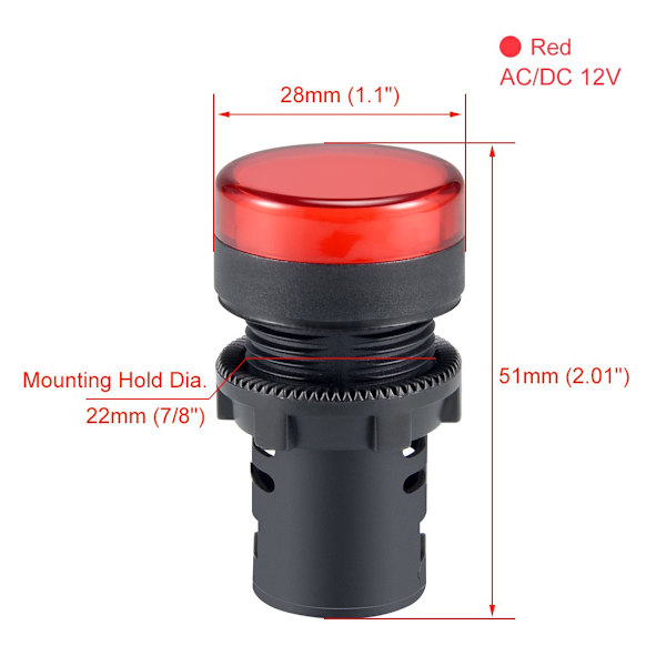 10 stk. AC/DC 12V indikatorlamper. Rød LED. Panelmontering