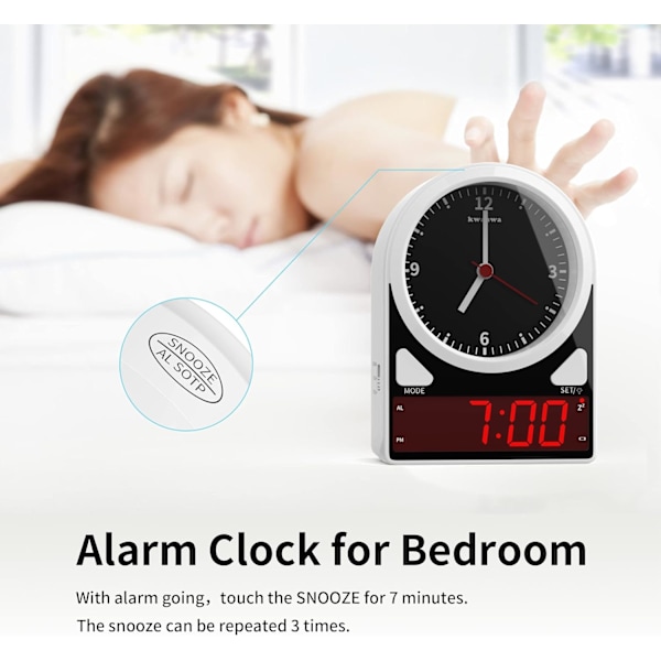 Väckarklocka, Analog klocka & LED digital klocka, Tyst klocka, Ljussensor LED klocka, Snooze, 12 timmar, Väckarklocka för sovrum, vardagsrum, Vit