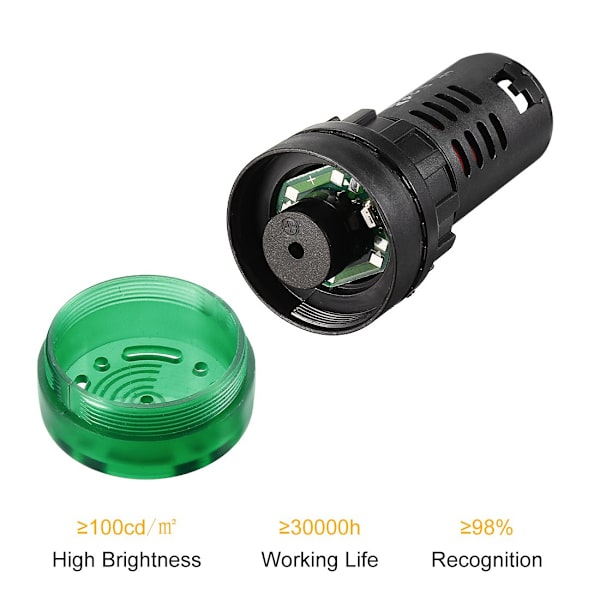 5 stk. grønne indikatorlamper med summer AC/Dc 12V. 22 mm