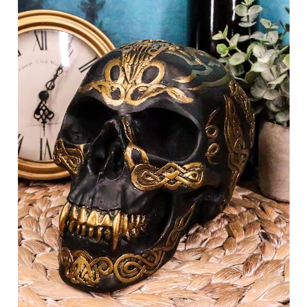 Ebros Keltisk Tribal Knotwork Tattoo Sort Spøgelse Vampyr Kranie Statue 7\" Lang Som Macabre Ossuary Dekoration Dracula Skelet Kranium til     Black & Day