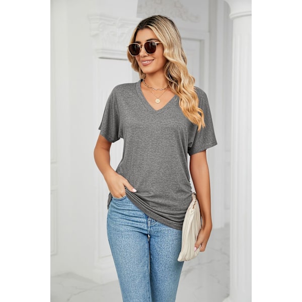 V-ringad enfärgad lös T-shirt damtopp