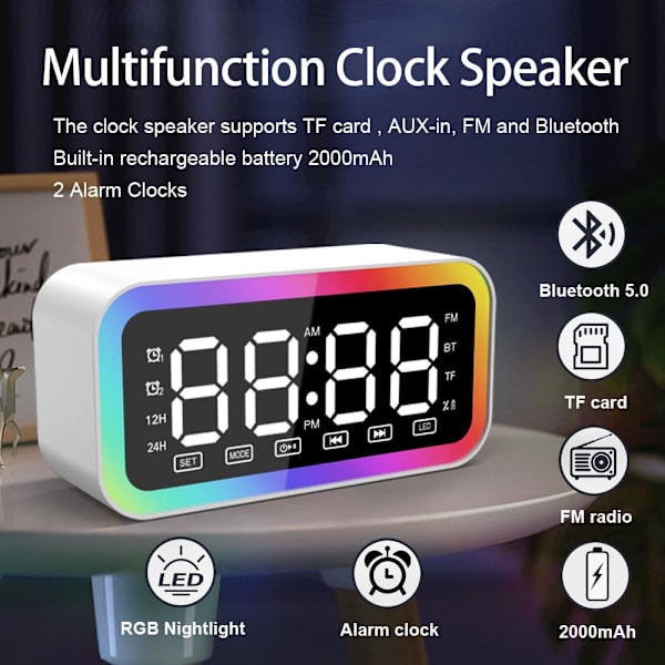Stor digital dubbel väckarklocka med snooze, Bluetooth-högtalare med HIFI-stereo, 3-nivåers dimbar, färgglada LED-lampor, röstaktiverad, vit