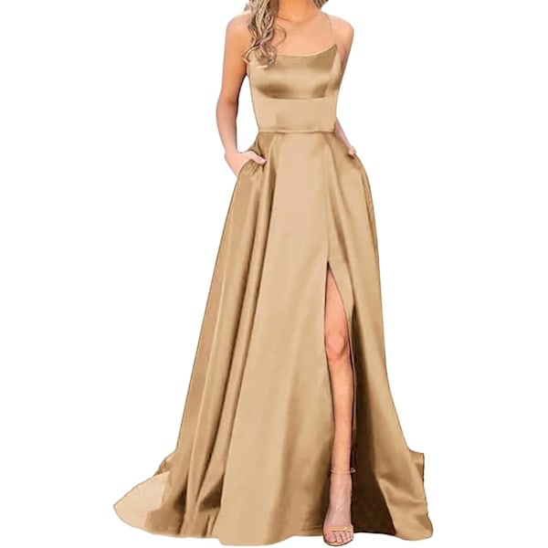 Rygløs Lang Prom Kjole Kvinders Elegant Satin Spaghetti Stropper Side Slidse Festkjole