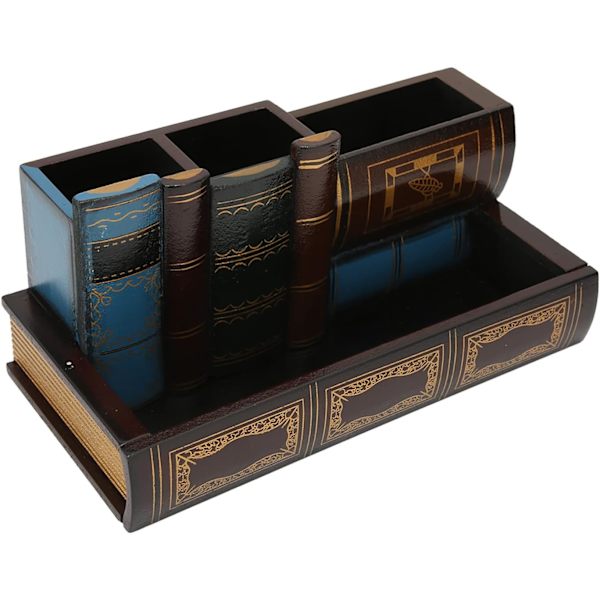 Retro n-hållare, Vintge Fke Book Shd Trä ncil Holder Skrivbordsorganisatör med låda Trä ncil Cup för hemmakontor Studie Librry