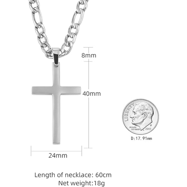 Herre Kors Halskæde - Rustfrit Stål Sølv/Guld Solidt Kors Vedhæng Halskæde Simpel Smykkegave, 24\" 3:1 Figaro Kæde, 4/5/6mm Bredde