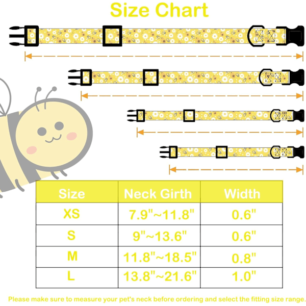 Halsband för hundar i gult, små, medelstora och stora hundar, valphalsband för hundar, blommigt bi- och tusenskönemönster, husdjurshalsband för sommar och vårbröllop