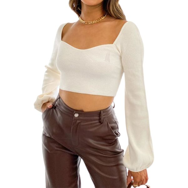 Kvinde strikkede langærmede toppe V-hals ribbet Slim Fit T-shirt