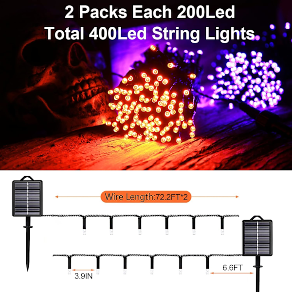Utomhus solcellslingor orange & lila, utomhus 2-pack totalt 144ft 400 LED 8 lägen med timer, IP44 vattentät spöklik gotisk belysning för