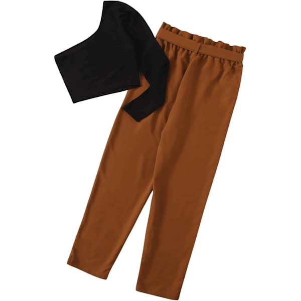Kvinnors 2-delade outfits En axel långärmad crop top och bältade byxor