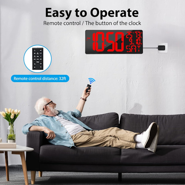 [Oversized] 18\" Stor Digital Væg Ur med Fjernbetjening, Automatisk Dæmpning Digital Ur Stort Display med Dato/Temp/Uge, DST, Alarm, 5.9”Jumbo