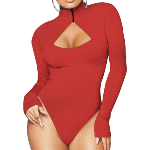 Kvinners langærmet body med glidelås, turtleneck jumpsuit, leotard topp, stretchy