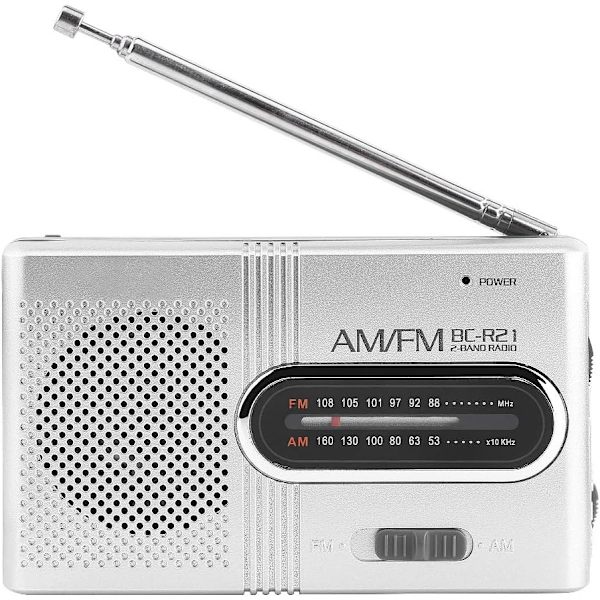 Bärbar radio, FM-radiospelare som drivs av 2 AA-batterier (ingår ej), miniradio med inbyggd högtalare, silver