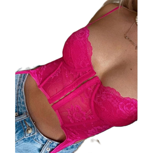 Kvinnor Sexig Spets Patchwork Korsett Crop Top Djup V Push Up Bh Genomskinlig Mesh