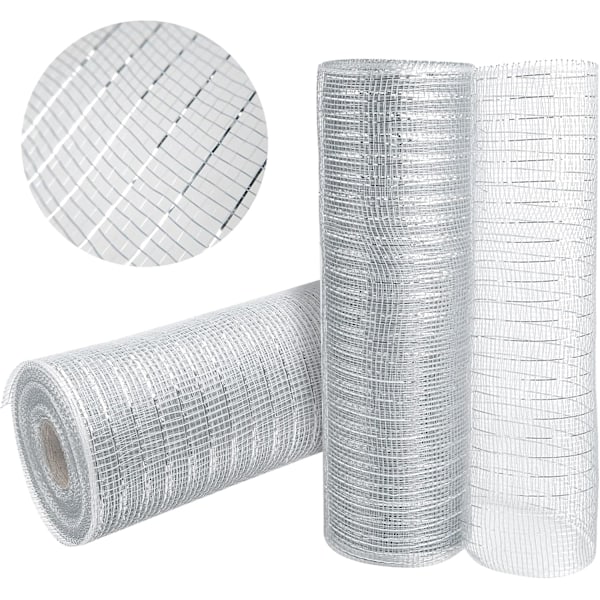 2 Rolls Gray Silver Deco Mesh Ribbon 10 in x 30 ft,Basic Metallic Poly Mesh