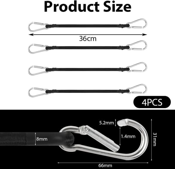Ekspanderreb, 4 ekspanderreb med karabinhager, ekspanderreb 30 cm, elastisk elastik til kufferter, kroge til telte, presenninger, camping,