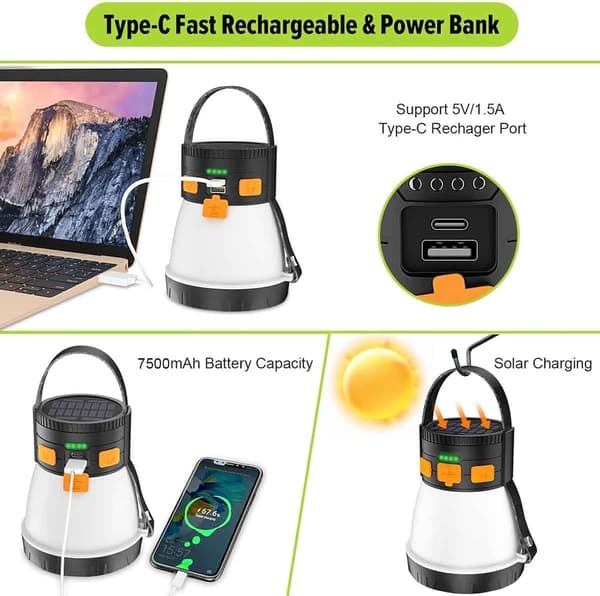 LED Campinglykt, 1500 Lumen Oppladbar Campinglykt med Solcellepanel, Vanntett, 8 Lysmoduser, 7500mAh Powerbank, Camping