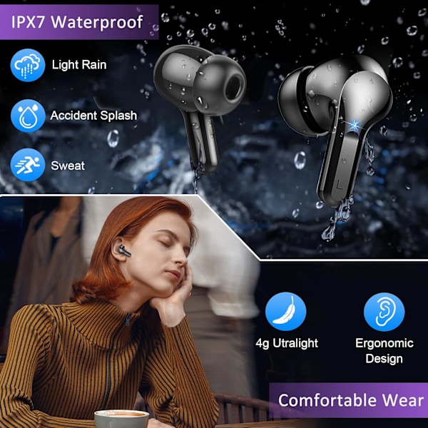 2025 Bluetooth 5.3 Trådløse Ørepropper - 4 ENC Støyreduksjon, IP7 Vanntett, 40T Spilletid, USB-C