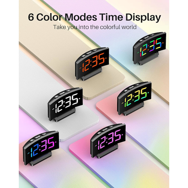 Digital väckarklocka för sovrum, digital klocka med modern kurva, iögonfallande 6 färger RGB-display, 5 nivåer ljusstyrka+av, 2 volymer, 3 larm X-dynamisk